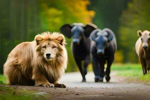 ein Löwe und zwei Kühe sind Gehen auf ein Straße. KI-generiert foto