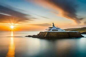 ein Yacht sitzt auf ein Felsen beim Sonnenuntergang. KI-generiert foto