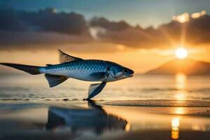 ein Fisch ist Gehen auf das Strand beim Sonnenuntergang. KI-generiert foto