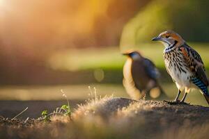 zwei Vögel Stehen auf das Boden im Vorderseite von das Sonne. KI-generiert foto