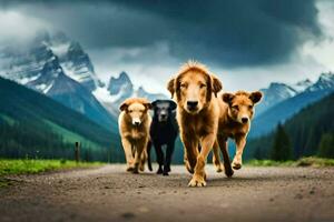 vier Hunde Gehen auf ein Straße im Vorderseite von Berge. KI-generiert foto