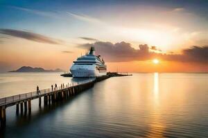 ein Kreuzfahrt Schiff angedockt beim das Seebrücke beim Sonnenuntergang. KI-generiert foto