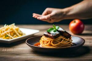 ein Person erreichen zum ein Teller von Spaghetti. KI-generiert foto