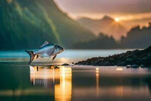 ein Fisch ist Stehen auf das Ufer von ein See. KI-generiert foto