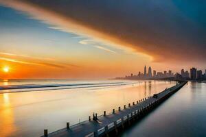 das Stadt Horizont ist reflektiert im das Wasser wie das Sonne setzt. KI-generiert foto