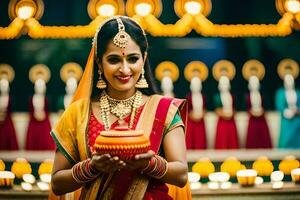 ein Frau im traditionell indisch Kleidung halten ein Diya. KI-generiert foto
