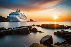 ein Kreuzfahrt Schiff im das Ozean beim Sonnenuntergang. KI-generiert foto