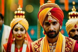 indisch Hochzeit mit Braut und Bräutigam im traditionell Kleidung. KI-generiert foto