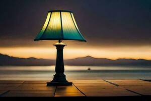 ein Lampe auf ein Tabelle im Vorderseite von ein See. KI-generiert foto