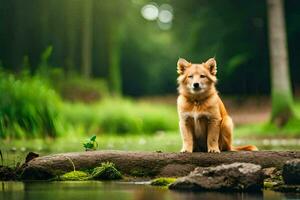 ein Hund Sitzung auf ein Log im das Mitte von ein Teich. KI-generiert foto