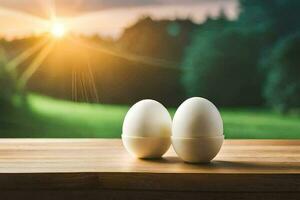 zwei Weiß Eier sitzen auf ein Tabelle im Vorderseite von ein Sonnenuntergang. KI-generiert foto