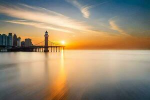 das Sonne steigt an Über das Seebrücke im blackpool. KI-generiert foto