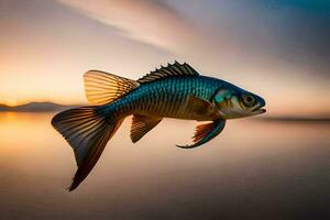 ein Fisch ist fliegend Über das Wasser beim Sonnenuntergang. KI-generiert foto