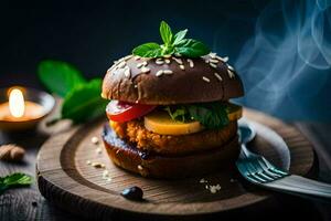 ein Hamburger mit Gemüse und Kräuter auf ein hölzern Platte. KI-generiert foto