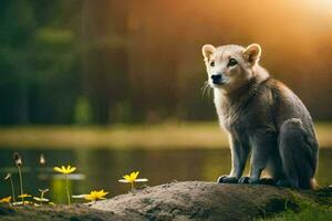 ein Wolf Sitzung auf ein Log im Vorderseite von ein See. KI-generiert foto