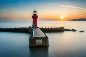 ein rot Leuchtturm sitzt auf ein Seebrücke beim Sonnenuntergang. KI-generiert foto
