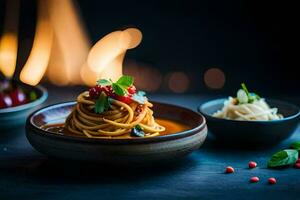Spaghetti mit Tomate Soße und Basilikum Blätter. KI-generiert foto