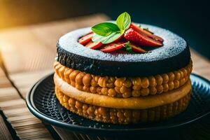 ein Stapel von Schokolade Kuchen mit Erdbeeren auf oben. KI-generiert foto