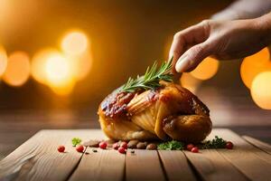 ein Person ist halten ein Hähnchen auf ein hölzern Schneiden Tafel. KI-generiert foto