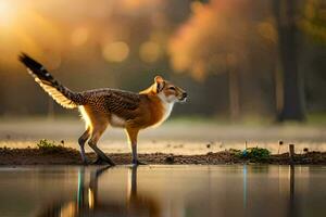 ein Fuchs Stehen auf das Ufer von ein See. KI-generiert foto