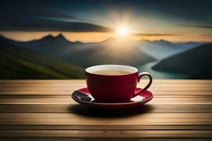 Kaffee Tasse auf das Tabelle mit Berge im das Hintergrund. KI-generiert foto