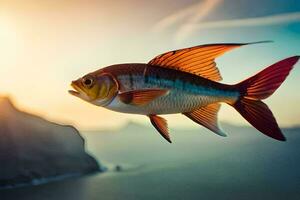 ein Fisch fliegend Über das Ozean mit das Sonne im das Hintergrund. KI-generiert foto