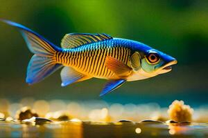 ein Fisch mit Blau und Gelb Streifen ist Schwimmen im das Wasser. KI-generiert foto