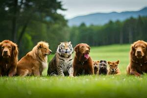 ein Gruppe von Hunde und ein Tiger Sitzung im das Gras. KI-generiert foto