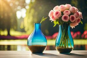 zwei Vasen mit Rosa Rosen Sitzung auf ein Tisch. KI-generiert foto