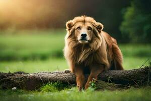 ein Löwe Sitzung auf ein Log im das Gras. KI-generiert foto