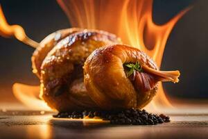 ein Stück von Fleisch auf ein Stock mit ein Flamme. KI-generiert foto