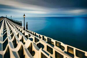 ein lange Exposition fotografieren von ein Seebrücke mit ein Licht Post. KI-generiert foto