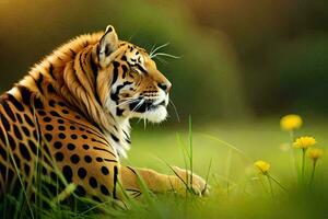 ein Tiger ist Sitzung im das Gras mit Blumen. KI-generiert foto