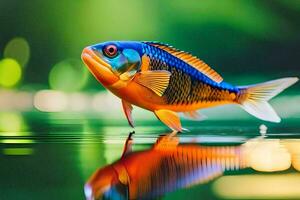 ein Fisch mit hell Farben ist reflektiert im das Wasser. KI-generiert foto