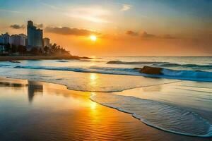 das Sonne setzt auf das Strand im Vorderseite von ein Stadt Horizont. KI-generiert foto