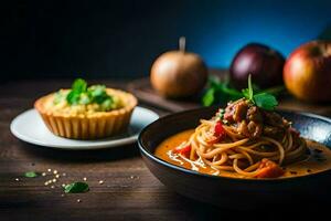 Spaghetti mit Fleisch und Gemüse im ein Schüssel. KI-generiert foto