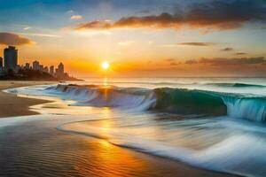 das Sonne setzt Über das Surfen und Stadt Horizont. KI-generiert foto