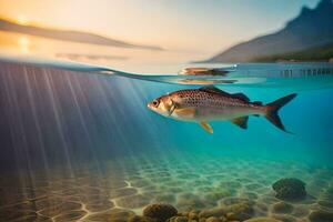 ein Fisch Schwimmen im das Ozean beim Sonnenuntergang. KI-generiert foto