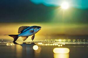 ein Fisch ist Stehen auf das Strand beim Sonnenuntergang. KI-generiert foto