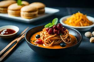 Spaghetti mit Tomate Soße und Gemüse im ein Schüssel. KI-generiert foto