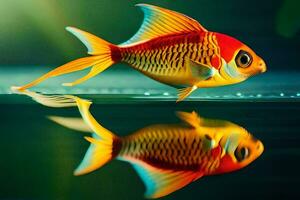 ein Fisch mit ein hell rot und Gelb Körper ist reflektiert im das Wasser. KI-generiert foto