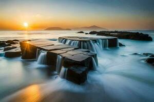 ein schön Sonnenuntergang Über das Ozean mit Felsen und Wasser. KI-generiert foto