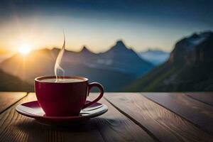 Kaffee Tasse auf das Tabelle mit Berge im das Hintergrund. KI-generiert foto