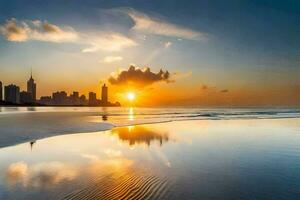 das Sonne setzt Über das Stadt Horizont auf ein Strand. KI-generiert foto