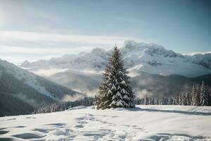 ein einsam Baum steht im das Schnee auf ein Berg ai generativ foto