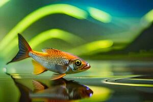 ein Fisch ist Stehen auf das Wasser mit ein Grün Hintergrund. KI-generiert foto