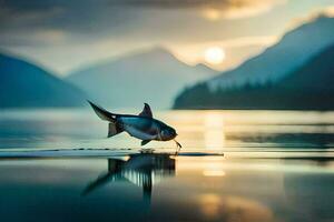 ein Fisch ist Springen aus von das Wasser beim Sonnenuntergang. KI-generiert foto