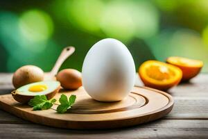 ein Ei auf ein Schneiden Tafel mit ein Avocado und Orangen. KI-generiert foto