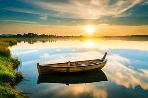 ein Boot auf das See beim Sonnenuntergang. KI-generiert foto