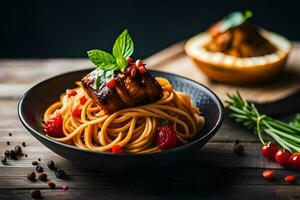 Spaghetti mit Fleisch und Kräuter auf ein hölzern Tisch. KI-generiert foto